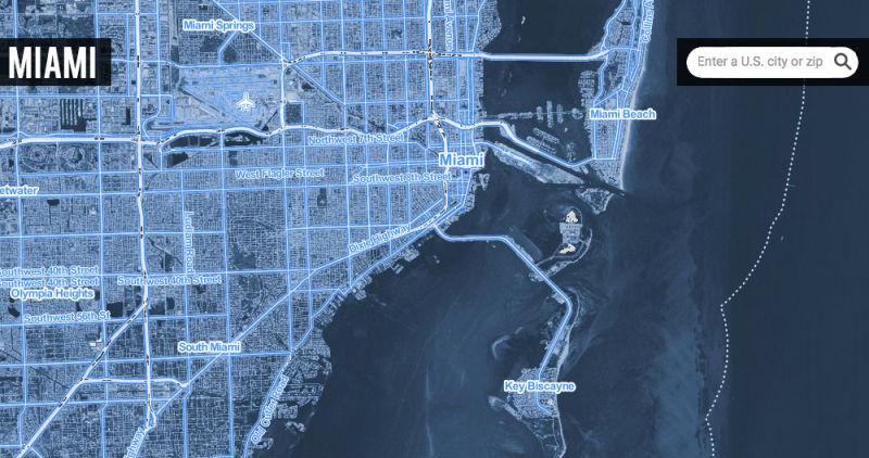An illustrative map of Miami under a 20 foot sea level rise-scenario. Blue indicates regions underwater. Image: Climate Central.